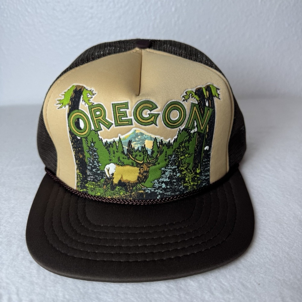 Vintage Oregon Trucker Hat Green Brown Elk SnapBack Cap Adjustable Outdoor Trees
